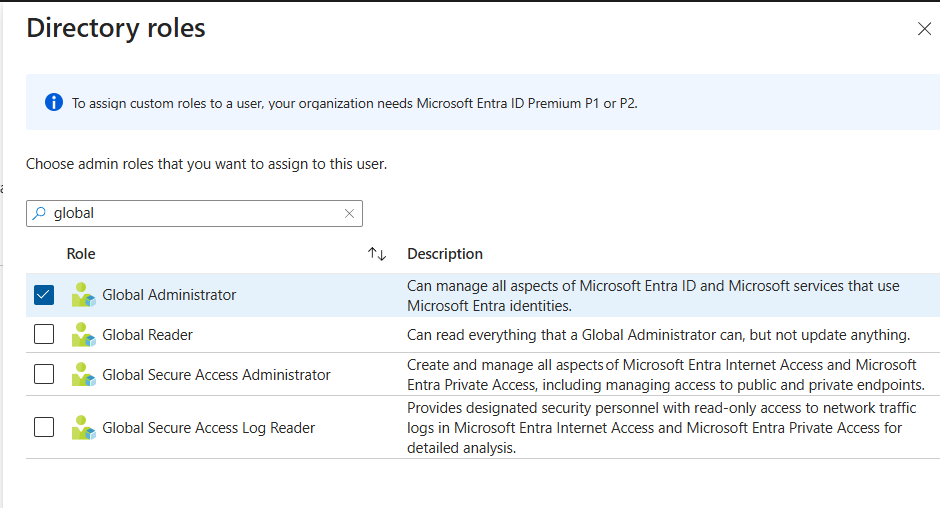 Entra ID role assignment page showing Global Administrator role being assigned to Star Lord